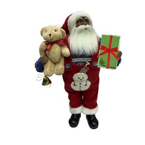 ❤️❤️❤️ African American Santa with Teddy Bear and Gift Box Christmas Ornament